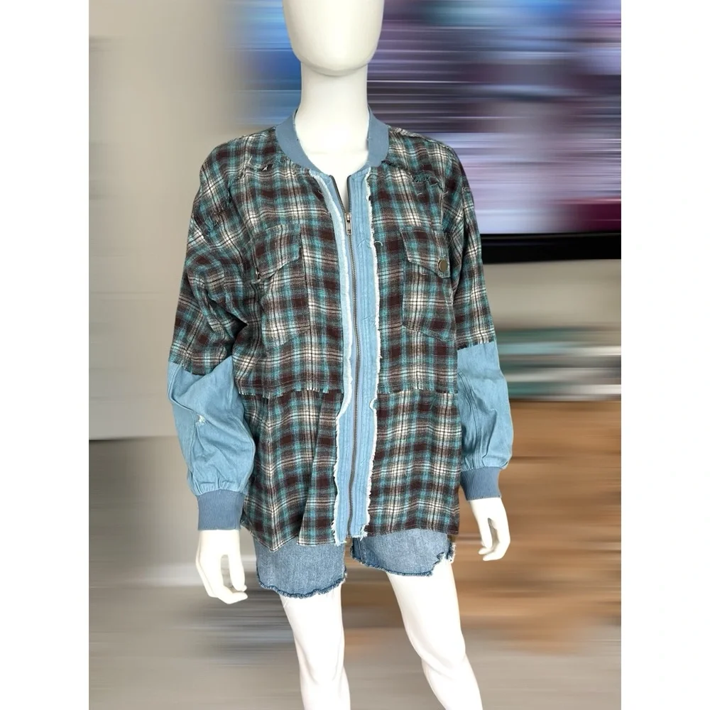 FATE Cute zip front chambray plaid top S M L - Picture 6 of 10
